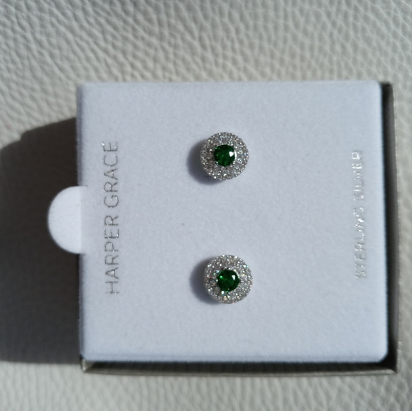 Sterling silver lab created Emerald CZ earrings - Picture 9 of 12